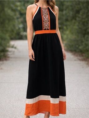 XOXO Black Maxi Dress with Orange & Cream Trim